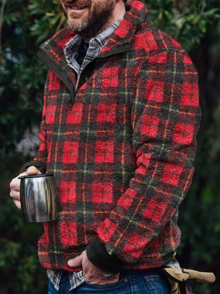 

Casual stand-collar checked fleece Fleece Sweatshirt, Reddish black, Sweater