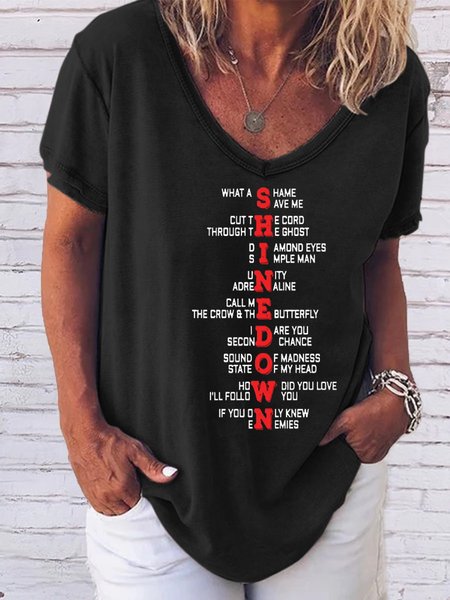 

Personalized text printed V-neck short-sleeved cotton-blend T-shirt, Black, T-shirts