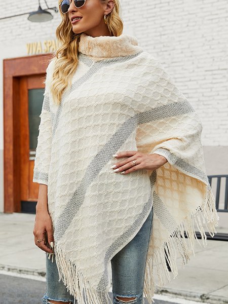 

Scarves & Shawls Shawl cloak sweater women fur collar fringed hem coat, White, Women Scarves & Shawls