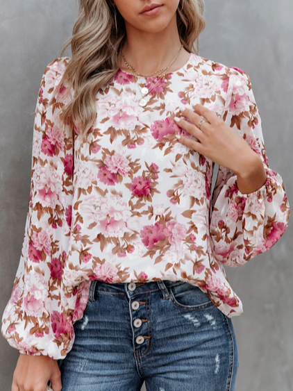 

Casual Bishop Sleeve Tops, Pink, Long sleeve tops