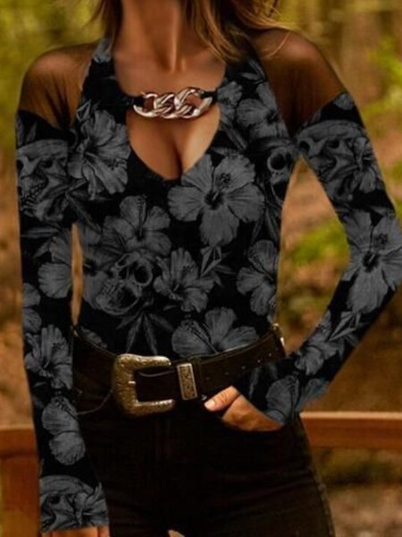 

Casual Long Sleeve Plus Size Printed Tops T-shirts, Black, T-Shirts