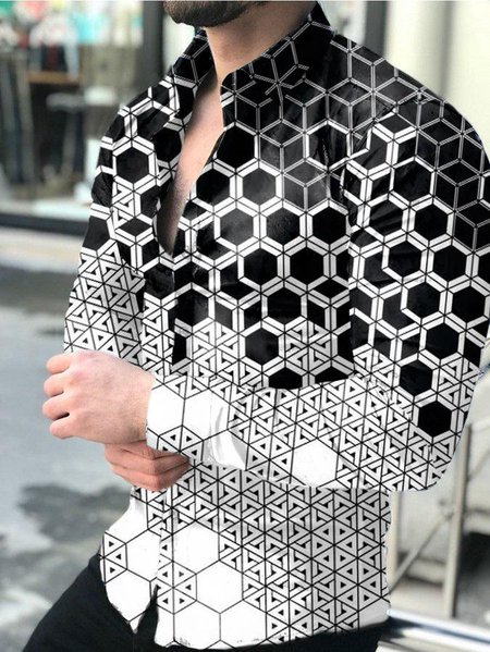 

Shirt Collar Casual Geometric Shirts & Tops, Black-white, Men's shirts