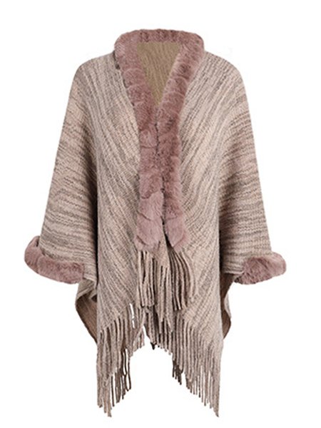 

Scarves & Shawls Fringed cloak shawl sweater women's fur collar cardigan jacket, Khaki, Women Scarves & Shawls