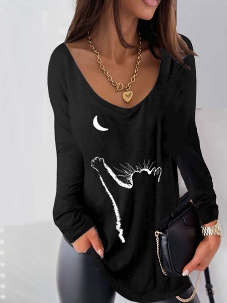 

Long Sleeve V Neck Printed Top, Black, T-Shirts