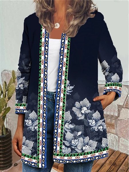 

Floral Print Cotton Blends Jacket, Blue, Jackets