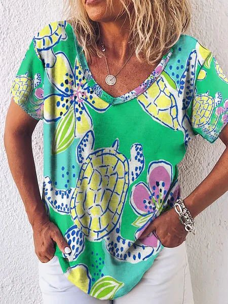 

Sea Turtle Casual Short Sleeve V Neck Shirts & Tops, Green, T-shirts
