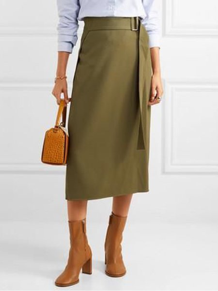 

Elegant Solid Work Skirt, Green, Midi Skirts
