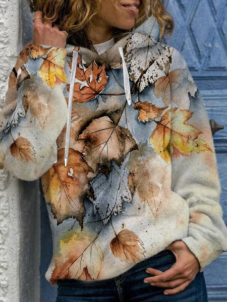 

Vintage Leaf Print Ladies Hooded Sweatshirt, As picture, Hoodies&Sweatshirts
