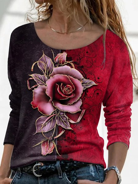 

Black-red Rose Print Long Sleeve Color Block Casual Shirts & Tops, T-Shirts