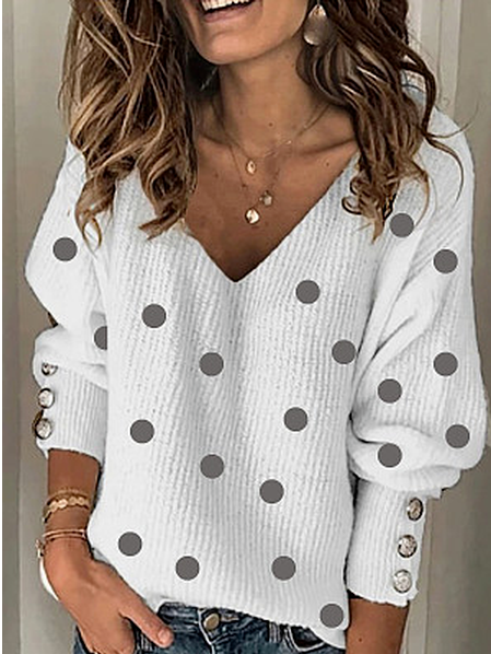 

Winter Polka Dots V Neck Casual Sweater, White, Sweaters