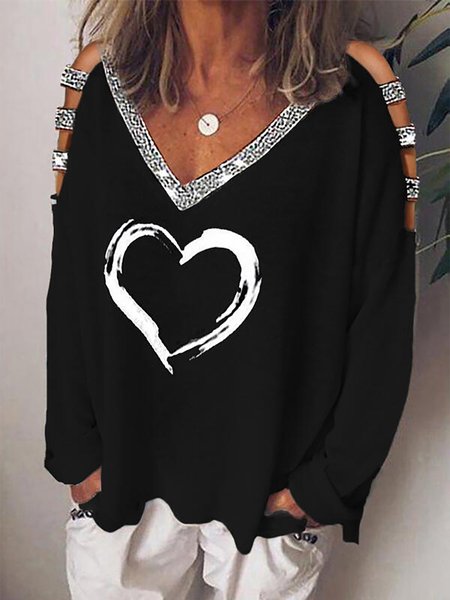 

Hollow Out Sexy Shirts V Neck Long Sleeves Tops, Black, Tops