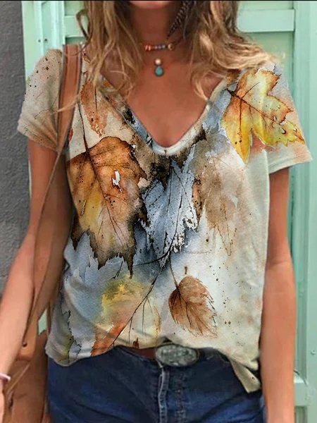 

Vintage Leaf Print Lady's V Neck Shirts & Tops, As picture, T-shirts