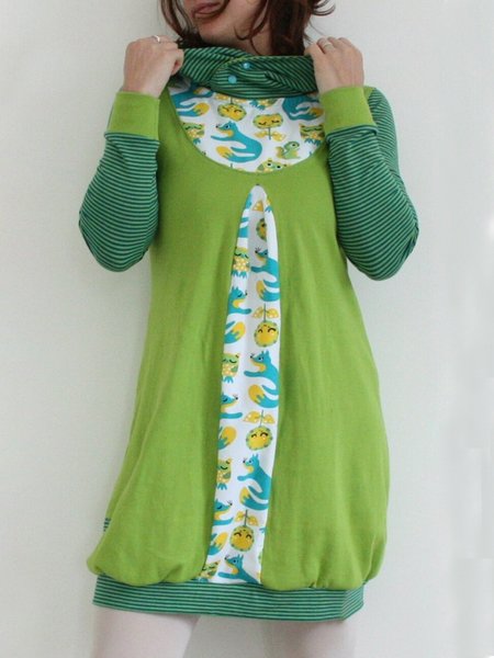 

Vintage Geometric Printed Color-Block Long Sleeve Plus Size Casual Sweatshirt Dresses, Green, Mini Dresses