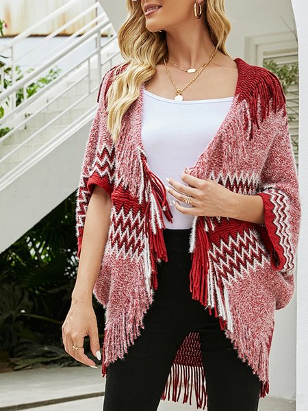 

Scarves & Shawls Knitted cape shawl fringed hem color matching sweater women, Wine red, Women Scarves & Shawls