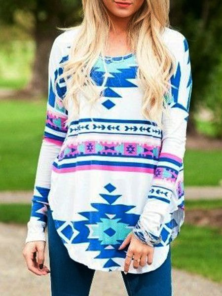 

Vintage Boho Geometric Printed Crew Neck Long Sleeve Plus Size Casual Tops, Multicolor, T-Shirts