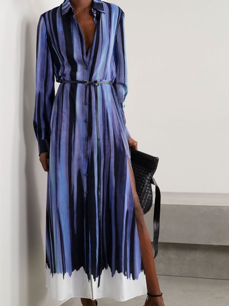 

Long Sleeve Shirt Collar Maxi Dress, Blue, Maxi Dresses