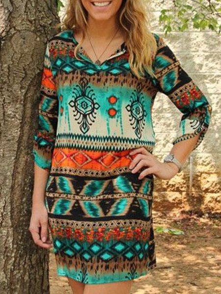 

Vintage Boho Geometric Printed V Neck Long Sleeve Plus Size Casual Dresses, Multicolor, Mini Dresses
