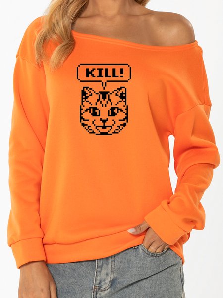 

Unocis Cat Print Crew Neck Casual Sweatshirt., Orange, Sweatshirts