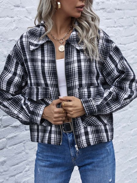 

Long sleeve Simple Work Plaid Jacket, Black-white, Coats