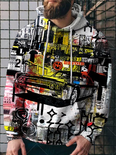 

Casual retro car and letter print hooded long-sleeved sweatshirt, As picture, Hoodies&Sweatshirts