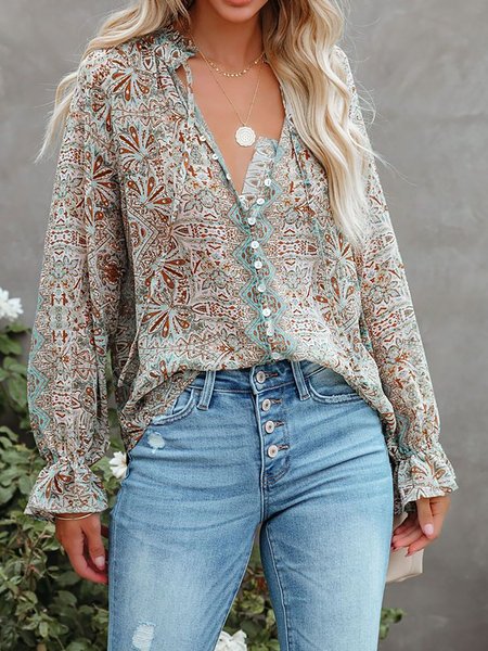 

Holiday Daily Floral Printed Long Sleeve V-neck Blouse, Green, Auto-clearance