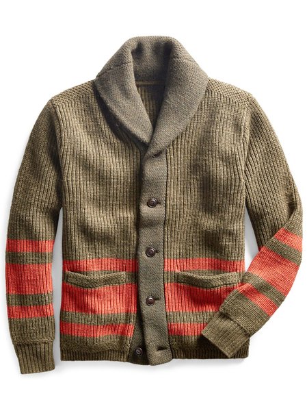 

Men's New Striped Color-blocking Lapel Zipper Cardigan Sweater, Army green, Men's Sweater