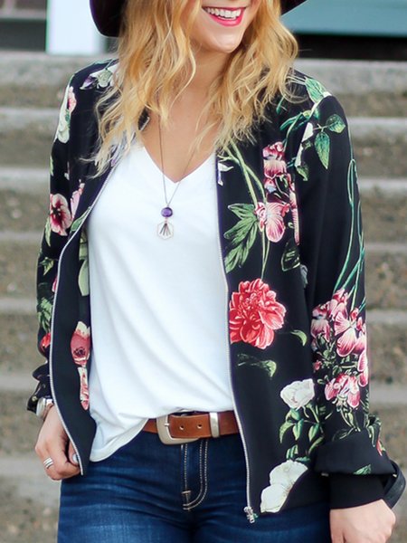

Exquisite floral print zipper jacket jacket, Black, Jackets