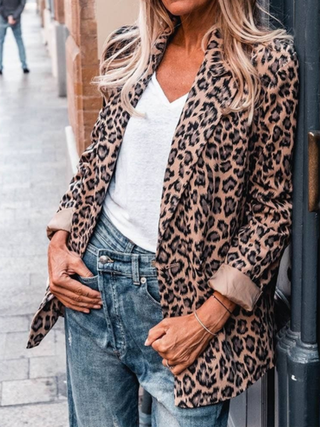 

Leopard Work Long sleeve Lapel Outerwear, Blazers