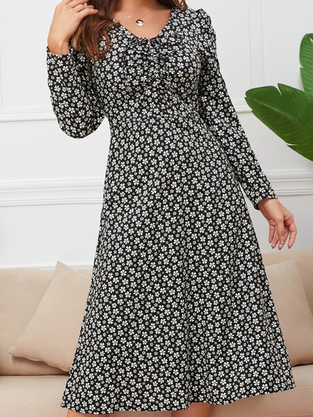 

New floral floral floral floral print dress V-neck waist drawstring dress, Black-white, Floral Dresses