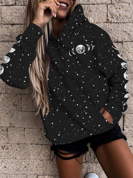 

Vintage Moon Stars Printed Hoodie Long Sleeve Plus Size Casual Sweatshirt, Black, Hoodies & Sweatshirts