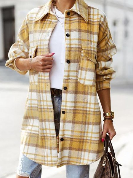 

Holiday Daily Plaid Long Sleeve Shirt Collar Botton Up Outerwear, Yellow, Coats