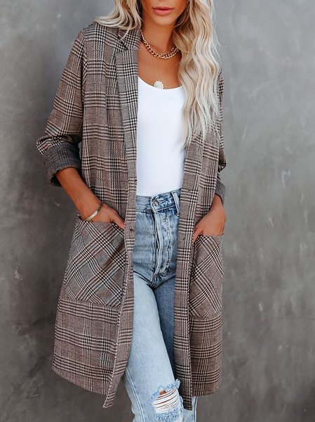 

Casual Vacation Long Sleeve Lapel Pocket Plaid Knit Coatigan, Coffee, Blazers