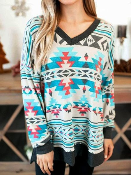 

Vintage Boho Geometric Printed V Neck Long Sleeve Plus Size Casual Tops, Multicolor, T-Shirts