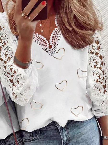 

Bianco Stampato Casuale Elegante Scollo a V Allentare Top, Blouses & Shirts
