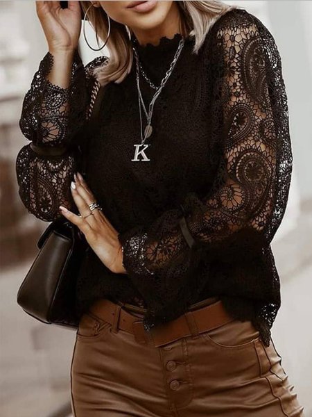 

Vintage Sweet Elegant Flare Sleeve Lace Top, Black, Blouses and Shirts