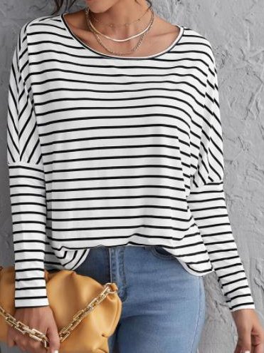 

Casual Striped Batwing Crew Neck Shirts & Tops, Stripe, Long sleeve tops