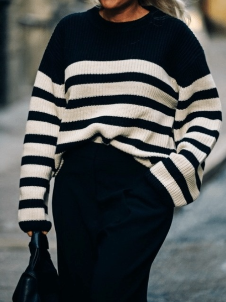 

Fall Casual Simple Mid-weight High Stretch Daily Sweater, Black-white, Pullovers