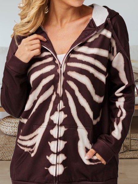 

Halloween festival long sleeve hooded skull sweater zipper jacket, Coffee, Cardigans