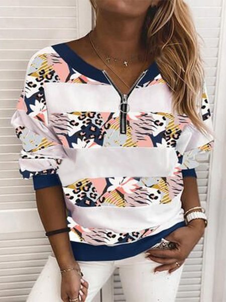 

Vintage Floral Printed Zipper V Neck Long Sleeve Plus Size Casual Sweatshirt, Multicolor, Hoodies & Sweatshirts