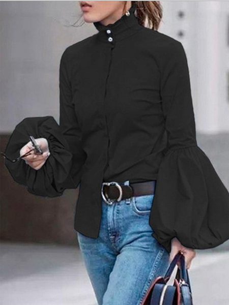

Elegant Turtleneck Balloon Sleeve Work Solid Blouse, Black, Blouses and Shirts