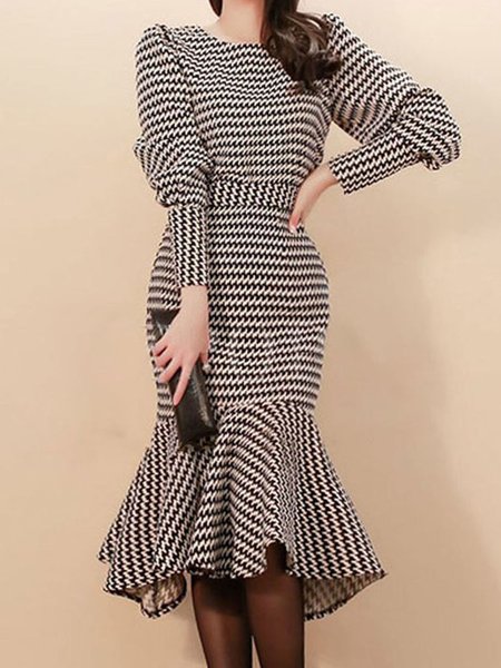 

Long Sleeve Mermaid Crew Neck Midi Dress, Black, Midi Dresses