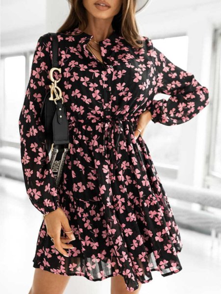 

Vintage Sweet Vacation Elegant Shirt Sleeve Dress, Black, Mini Dresses