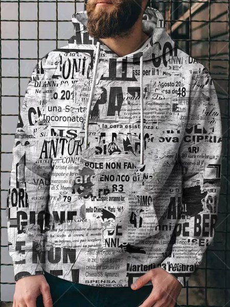 

Retro casual newspaper print hooded long-sleeved sweatshirt, As picture, Hoodies&Sweatshirts