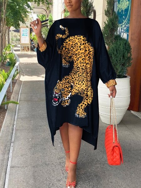 

Casual Long Sleeve Round Neck Plus Size Printed Dress, Black, Midi Dresses
