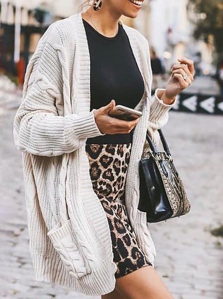 

Classical Solid Color Loose Pocket Casual Knit Cardigan, White, Outerwear