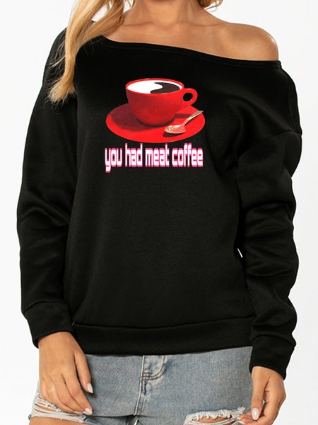 

Unocis Coffee Print Crew Neck Casual Sweatshirt, Black, Sweatshirts