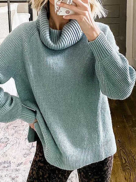 

Winter Long Sleeve Solid Acrylic Sweater, Blue, Sweaters