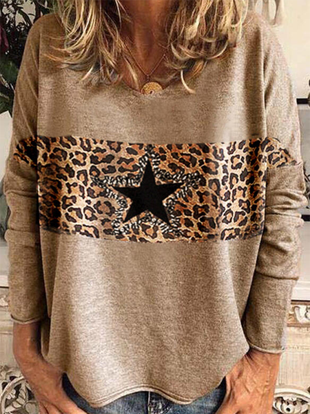 

Long Sleeve Round Neck Leopard Printed Casual Shirts & Tops, As picture, T-Shirts