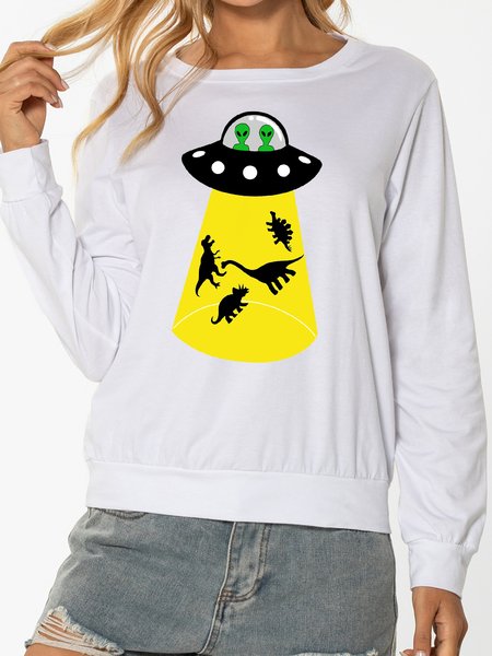 

Unocis Alien And Dinosaur Print Crew Neck Casual Sweatshirt., White, Sweatshirts