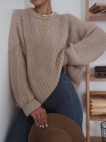 

Casual Long Sleeve Crew Neck Sweater, Khaki, Knitwear & Sweaters